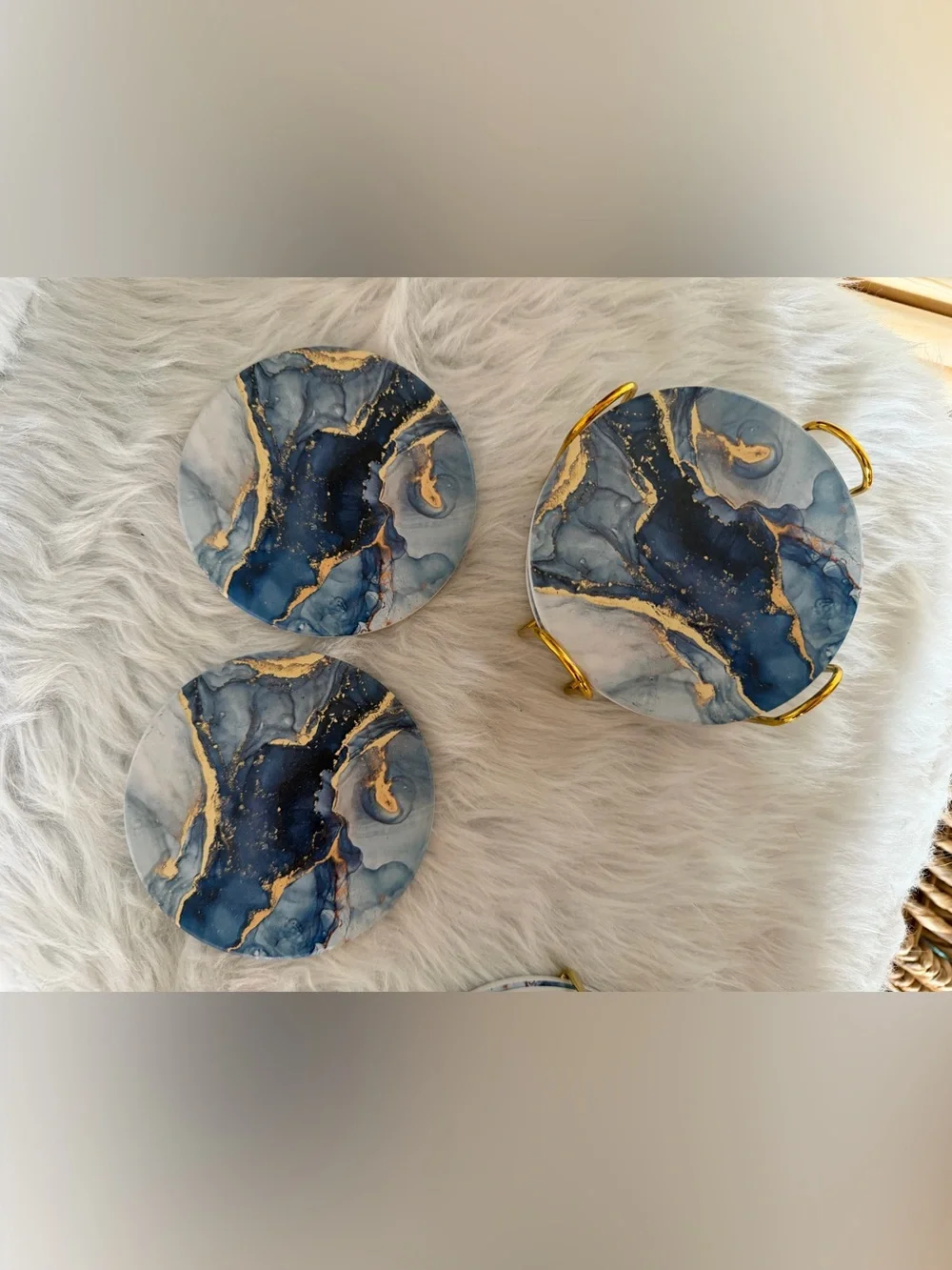 Blue Marble Gold Accent Round Coaster Set